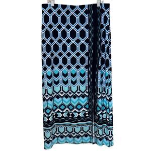 Chico’s Slinky Knit Maxi Skirt Size 2 Large Blue Geometric Print Front Slit
